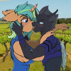 Size: 1266x1260 | Tagged: suggestive, derpibooru import, oc, oc:captain black lotus, oc:grappe moon, unofficial characters only, anthro, changeling, unicorn, french kiss, image, kissing, png