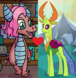 Size: 636x650 | Tagged: safe, derpibooru import, edit, edited screencap, idw, screencap, mina, thorax, changedling, changeling, dragon, season 6, to where and back again, spoiler:comicff14, cropped, dragoness, female, heart, image, interspecies, king thorax, male, minarax, png, shipping, shipping domino, straight