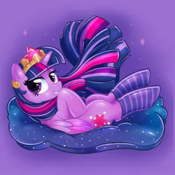 Size: 2000x2000 | Tagged: safe, artist:mediocremare, derpibooru import, twilight sparkle, twilight sparkle (alicorn), alicorn, pony, clothes, crown, female, image, jewelry, jpeg, lidded eyes, looking at you, lying down, mare, on back, purple background, regalia, simple background, socks, solo, striped socks