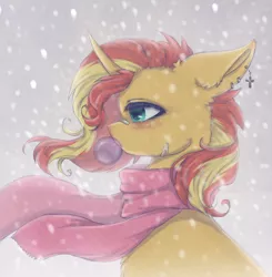 Size: 2000x2040 | Tagged: safe, artist:saltyvity, derpibooru import, sunset shimmer, pony, unicorn, bandage, bubble, clothes, cold, cool, cute, ear piercing, earring, gray background, image, jewelry, piercing, png, red hair, sad, sad eyes, sad pony, scarf, simple background, snow, snowfall, solo