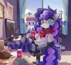 Size: 4096x3732 | Tagged: safe, artist:saxopi, derpibooru import, oc, oc:cinnabyte, oc:lillybit, unofficial characters only, earth pony, pony, semi-anthro, bandana, baseball cap, blue eyes, bow, building, cap, clothes, coca-cola, colored pupils, computer, computer chair, computer screen, drink, earth pony oc, eyebrows, eyebrows visible through hair, eyelashes, female, framed picture, glasses, hat, headphones, high res, image, jpeg, looking at you, mare, multicolored mane, multicolored tail, office chair, red glasses, shirt, shorts, socks, striped socks, t-shirt, table, tail, telephone pole, window