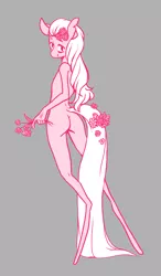 Size: 1118x1920 | Tagged: suggestive, artist:vautaryt, derpibooru import, oc, unofficial characters only, anthro, earth pony, unguligrade anthro, ass, butt, dock, female, flower, flower in hair, flower in tail, gray background, image, long legs, looking at you, looking back, looking back at you, nudity, png, simple background, smiling, smiling at you, solo, solo female, tail