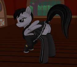Size: 1764x1542 | Tagged: suggestive, artist:allyster-black, derpibooru import, oc, oc:ares, unofficial characters only, pegasus, pony, 3d, 3d model, animated, biker jacket, butt shake, clothes, game, gif, image, jacket, loop, open pony, piercing, raised tail, second life, skirt, solo, tail, tail wrap, video game