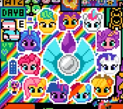 Size: 709x626 | Tagged: safe, derpibooru import, applejack, fluttershy, hitch trailblazer, izzy moonbow, pinkie pie, pipp petals, rainbow dash, rarity, sunny starscout, twilight sparkle, zipp storm, april fools, doctor who, g5, image, pixel art, png, r/place, reddit, tardis, tinytardis