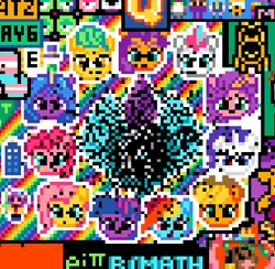 Size: 392x382 | Tagged: safe, derpibooru import, applejack, fluttershy, hitch trailblazer, izzy moonbow, pinkie pie, rainbow dash, rarity, sunny starscout, twilight sparkle, zipp storm, april fools, g5, image, mane six, pixel art, png, r/place, reddit, the void