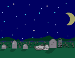 Size: 1005x789 | Tagged: safe, artist:uraiflo, derpibooru import, oc, oc:albino pie, oc:mona, unofficial characters only, earth pony, original species, snail, snail pony, animated, background, bell, breathing, church, earth pony oc, food, gif, gravestone, graveyard, gray coat, gray mane, image, lettuce, moon, non-looping gif, present, rest in peace, sky, starry night, stars, white eyes