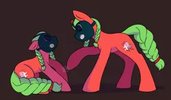 Size: 1280x748 | Tagged: safe, artist:magical-horses, derpibooru import, oc, oc:sweet release, unofficial characters only, braid, braided pigtails, braided tail, brown background, clone, cowering, cutie mark, doppelganger, gas mask, green mane, hair tie, image, mask, png, red coat, simple background, tail, threatening