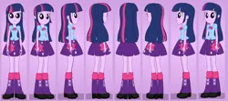 Size: 960x426 | Tagged: safe, artist:rupahrusyaidi, derpibooru import, twilight sparkle, equestria girls, boots, clothes, female, front view, full body, high heel boots, image, png, rear view, shirt, shoes, side view, skirt, smiling, solo, standing, three quarter view, turnaround