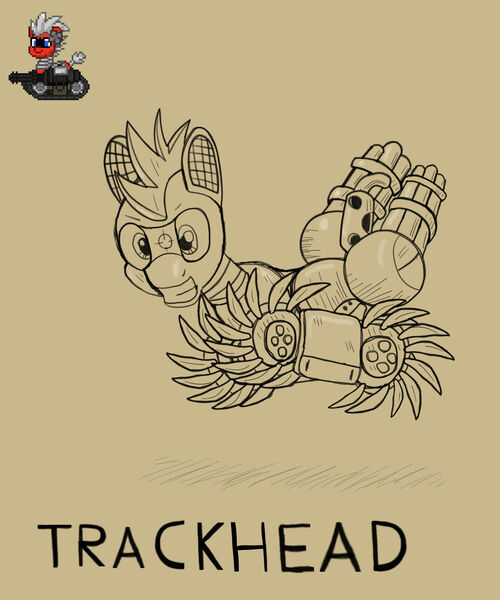 Size: 1280x1536 | Tagged: safe, artist:trackheadtherobopony, derpibooru import, oc, oc:trackhead, pony, robot, robot pony, tank pony, ashes town, image, jpeg, jumping, metal slug, minigun, monochrome, solo, text