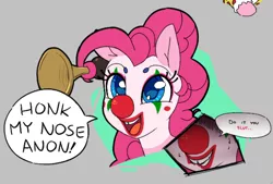 Size: 664x449 | Tagged: artist needed, suggestive, derpibooru import, pinkie pie, oc, oc:anon, earth pony, clown, clown makeup, clown nose, honk, honk honk, horn, image, png, vulgar