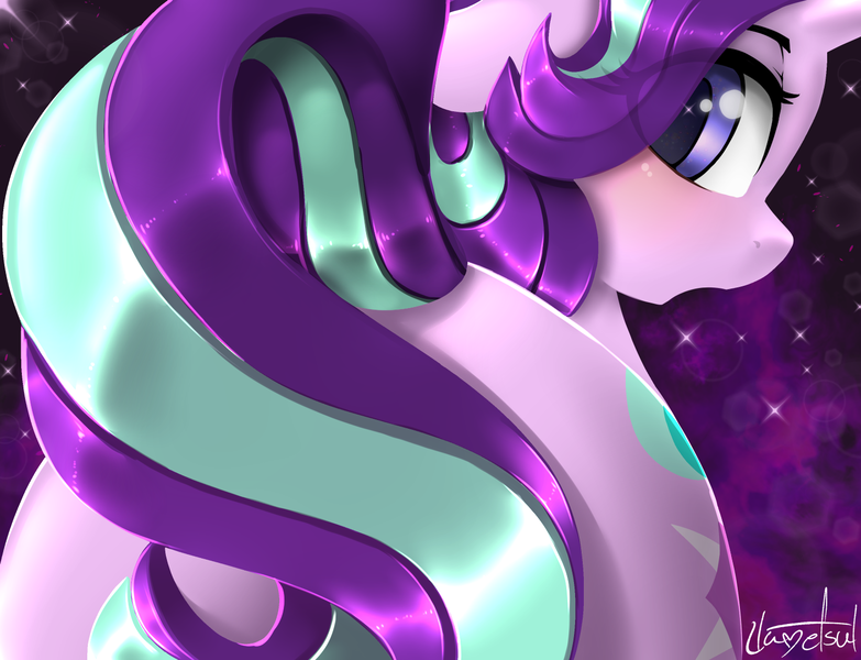 Size: 1500x1150 | Tagged: safe, artist:llametsul, derpibooru import, starlight glimmer, pony, unicorn, blushing, butt, colored, covering, cute, cutie mark, female, floppy ears, glimmer glutes, glimmerbetes, image, lineless, looking at you, looking back, looking back at you, mare, plot, png, rear view, solo, surprised, tail, tail covering