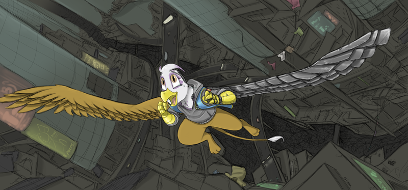 Size: 3500x1633 | Tagged: safe, artist:sinrar, derpibooru import, gilda, amputee, artificial wings, augmented, clothes, crying, cyberpunk, flying, image, jacket, png, prosthetic limb, prosthetic wing, prosthetics, tears of joy, teary eyes, wings