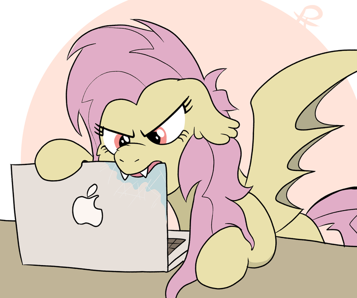 Size: 2435x2029 | Tagged: safe, artist:pony-thunder, derpibooru import, fluttershy, bat pony, pony, apple (company), bat ponified, biting, comic, computer, drool, floppy ears, flutterbat, image, laptop computer, macbook, png, race swap, solo