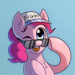 Size: 820x820 | Tagged: safe, artist:beefgummies, derpibooru import, pinkie pie, earth pony, pony, baseball cap, bust, cap, chest fluff, commission, curly mane, hat, image, jpeg, one eye closed, portrait, raised hoof, solo, sunglasses, tongue out, wink
