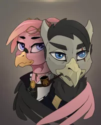 Size: 734x909 | Tagged: safe, artist:callsign-echo, derpibooru import, oc, oc:gabriela eagleclaw, oc:gerlach iv, unofficial characters only, gryphon, equestria at war mod, bust, clothes, crown, duo, female, image, jewelry, male, monarch, pipe, png, portrai, portrait, regalia, scar, scarf, wings