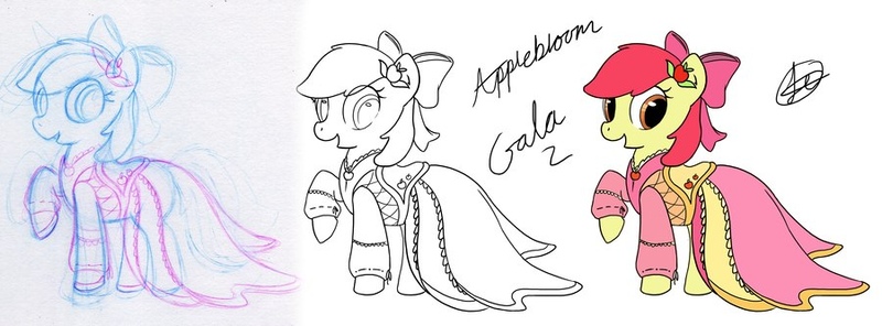 Size: 900x333 | Tagged: safe, artist:scarabdynasty1, derpibooru import, apple bloom, earth pony, pony, clothes, dress, female, filly, foal, gala dress, image, jpeg, solo