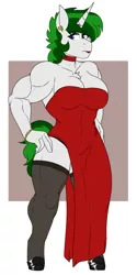 Size: 2000x4000 | Tagged: safe, artist:coatieyay, derpibooru import, oc, oc:baron, anthro, unicorn, big breasts, breasts, choker, clothes, cocktail dress, dress, ear piercing, earring, female, image, jewelry, lipstick, muscles, muscular female, piercing, png, shoulderless, socks, stockings, strapless dress, thigh highs, total sideslit