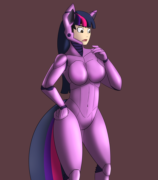 Size: 1904x2160 | Tagged: safe, artist:dsaprox, derpibooru import, twilight sparkle, human, brown background, image, latex, latex suit, png, roboticization, simple background, transformation