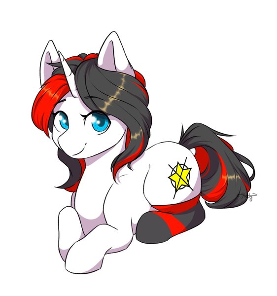 Size: 1226x1310 | Tagged: safe, artist:gittykitty264, derpibooru import, oc, oc:starforce fireline, unofficial characters only, pony, unicorn, clothes, cute, eyebrows, eyebrows visible through hair, female, image, jpeg, looking at you, lying down, mare, simple background, smiling, socks, solo, white background