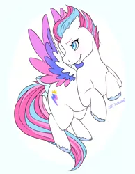 Size: 900x1159 | Tagged: safe, artist:suzanami, derpibooru import, zipp storm, pegasus, pony, my little pony: a new generation, blue eyes, bow, colored hooves, colored wings, female, flying, g5, image, mare, multicolored hair, multicolored mane, multicolored wings, png, short mane, solo, tail, tail bow, unshorn fetlocks, white coat, wings