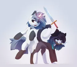 Size: 3156x2725 | Tagged: safe, artist:n_thing, derpibooru import, oc, oc:bloody sky, oc:shenki, cat, earth pony, hybrid, pony, unicorn, duo, game, image, png, sketch, weapon
