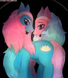 Size: 3665x4202 | Tagged: safe, artist:zadrex, derpibooru import, aloe, lotus blossom, earth pony, pony, alternate hairstyle, blue eyes, choker, cutie mark, dark, duo, glow, grin, headband, image, jpeg, light skin, long hair, long mane, looking at you, makeup, reflection, shiny, simple background, smiling, spa twins, standing