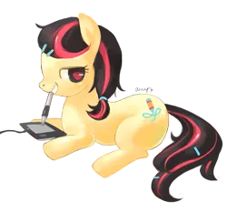 Size: 945x879 | Tagged: safe, artist:amy30535, derpibooru import, oc, unofficial characters only, earth pony, pony, earth pony oc, eyelashes, female, grin, image, mare, mouth hold, png, signature, simple background, smiling, solo, stylus, tablet, transparent background