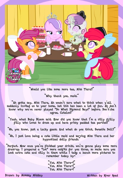 Size: 1640x2368 | Tagged: questionable, semi-grimdark, artist:mommymidday, derpibooru import, apple bloom, diamond tiara, scootaloo, sweetie belle, earth pony, pegasus, pony, unicorn, baby bottle, bad end, bipedal, blackmail, bow, cake, clock, clothes, cmc threesome, commission, cute, cutealoo, diaper, diasweetes, doll, dress, evil grin, female, fetish, filly, foal, food, forced smile, frilly dress, grin, hair bow, hoof shoes, humiliation, hypno eyes, hypnosis, hypnosis fetish, hypnotized, image, jewelry, jpeg, lesbian, magic, magic aura, maid, mind control, pastry, pouring, show accurate, smiling, smug, story, story included, sweetiebloomaloo, swirly eyes, table, tea, tea set, telekinesis, tiara, toy, treehouse, writer:riverroad