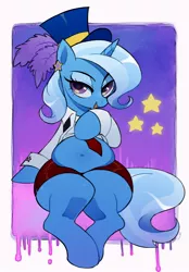 Size: 870x1250 | Tagged: safe, artist:toroitimu, derpibooru import, trixie, pony, unicorn, belly, belly button, chubby, clothes, ear piercing, female, hat, image, jpeg, mare, necktie, open mouth, piercing, shirt, skirt, solo, stars, top hat