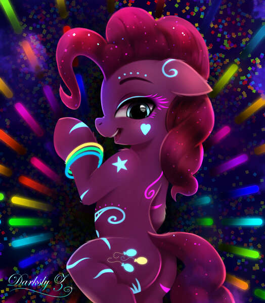 Size: 1772x2029 | Tagged: safe, artist:darksly, derpibooru import, pinkie pie, earth pony, pony, bedroom eyes, blacklight, body painting, body pillow, body pillow design, bodypaint, bracelet, butt, confetti, cute, diapinkes, female, fluorescent, glow-in-the-dark, glowstick, image, jewelry, jpeg, mare, open mouth, plot, rave, solo