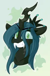 Size: 1326x2000 | Tagged: safe, artist:nekro-led, derpibooru import, queen chrysalis, changeling, changeling queen, abstract background, bust, canterlot wedding 10th anniversary, carapace, crown, eye clipping through hair, fangs, female, horn, image, jewelry, looking at you, png, portrait, regalia, simple background, smiling, solo