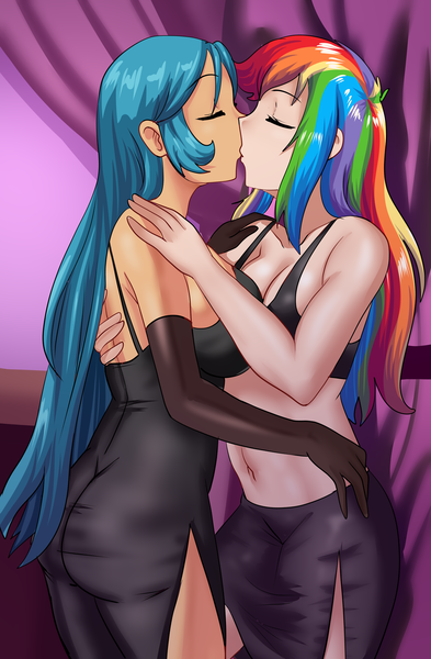 Size: 1341x2048 | Tagged: source needed, suggestive, artist:thebrokencog, derpibooru import, queen chrysalis, rainbow dash, human, fanfic:revenge is a dish best served sweetly, belly button, big breasts, black dress, breasts, bust, busty queen chrysalis, busty rainbow dash, butt, canterlot club, chrysadash, cleavage, clothes, commission, dress, eyes closed, fanfic art, female, females only, humanized, image, kissing, lesbian, midriff, png, shipping, side slit, side view, sideboob