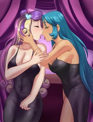 Size: 1555x2048 | Tagged: source needed, suggestive, artist:thebrokencog, derpibooru import, princess cadance, queen chrysalis, human, fanfic:revenge is a dish best served sweetly, black dress, breasts, busty princess cadance, busty queen chrysalis, cadalis, canterlot club, clothes, commission, dress, eyes closed, fanfic art, female, females only, french kiss, hand, hand on head, humanized, image, infidelity, kissing, lesbian, png, romance, romantic, shipping, side slit, side view, sideboob, sultry, sultry pose, tongue out, tongue play