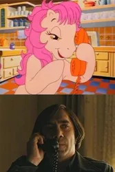 Size: 400x599 | Tagged: safe, derpibooru import, screencap, patch (g1), earth pony, human, pony, my little pony tales, anton chigurh, bedroom eyes, female, g1, image, jpeg, kitchen, mare, meme, no country for old men, phone