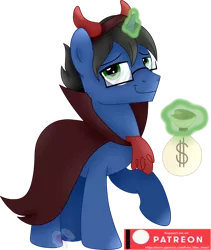 Size: 1280x1519 | Tagged: safe, artist:pure-blue-heart, derpibooru import, oc, oc:digital wrench, pony, unicorn, bag, black mane, clothes, devil costume, glasses, green eyes, green magic, horn, image, magic, male, money bag, patreon, patreon logo, patreon reward, png, shading, simple background, stallion, transparent background, unicorn oc