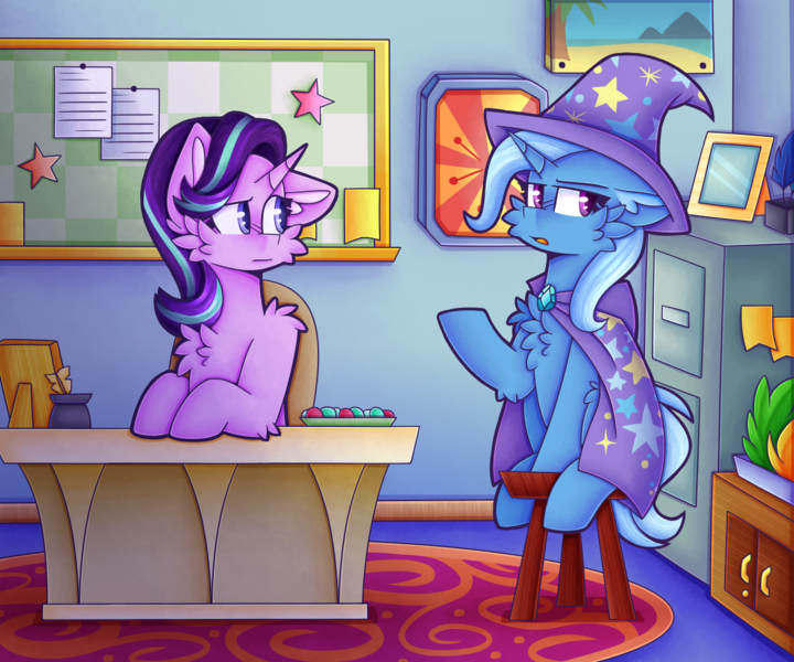 Size: 1200x1000 | Tagged: safe, artist:clairedaartiste444, derpibooru import, starlight glimmer, trixie, pony, unicorn, brooch, cape, cheek fluff, chest fluff, clothes, duo, duo female, ear fluff, female, hat, horn, image, jewelry, looking at someone, mare, one ear down, png, raised hoof, starlight's office, stars, trixie's brooch, trixie's cape, trixie's hat