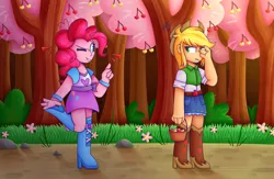 Size: 1280x832 | Tagged: safe, artist:clairedaartiste444, derpibooru import, applejack, pinkie pie, equestria girls, the last roundup, applejack's hat, belt, boots, cherry, chimicherrychanga, clothes, cowboy boots, cowboy hat, duo, duo female, female, flower, food, hat, high heel boots, image, looking at each other, looking at someone, one eye closed, png, shirt, shoes, skirt