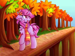 Size: 1280x960 | Tagged: safe, artist:clairedaartiste444, derpibooru import, oc, unofficial characters only, pony, unicorn, autumn, cheek fluff, chest fluff, ear fluff, female, flower, flower in hair, horn, image, mare, open mouth, png, solo