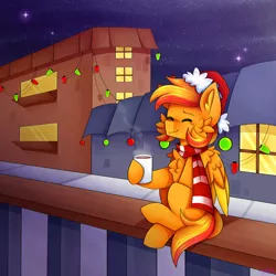 Size: 1280x1280 | Tagged: safe, artist:clairedaartiste444, derpibooru import, oc, unofficial characters only, pegasus, pony, cheek fluff, chest fluff, christmas, clothes, coffee, coffee mug, drink, ear fluff, eyes closed, hat, holiday, image, jpeg, mug, santa hat, scarf, solo, steam, wings