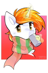 Size: 1338x2030 | Tagged: safe, artist:clairedaartiste444, derpibooru import, oc, unofficial characters only, pony, unicorn, bust, clothes, drink, drinking, horn, image, looking at you, magic, magic aura, male, mug, png, scarf, simple background, solo, stallion, telekinesis, transparent background
