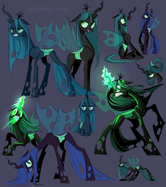 Size: 2941x3313 | Tagged: safe, artist:syrupyyy, derpibooru import, queen chrysalis, changeling, changeling queen, angry, female, frown, glow, glowing eyes, glowing horn, glowing mouth, gritted teeth, horn, image, jpeg, lidded eyes, looking at you, looking away, looking back, looking up, lying down, open mouth, prone, scowl, sitting, smiling, teeth