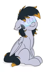 Size: 2000x3000 | Tagged: safe, artist:fluffyxai, derpibooru import, oc, oc:crossfire, unofficial characters only, bat pony, hybrid, pegasus, pony, accessories, fangs, hypnogear, hypnosis, hypnotized, image, png, smiling, solo, visor
