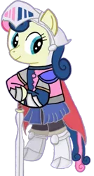 Size: 557x1039 | Tagged: safe, artist:darlycatmake, derpibooru import, bon bon, sweetie drops, earth pony, pony, armor, cape, clothes, happy, hat, helmet, image, knight, looking at someone, looking at something, looking back, metal gear, png, royal guard, smiling, sword, weapon