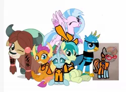 Size: 1080x791 | Tagged: safe, artist:ashertristaxx12, derpibooru import, gallus, ocellus, sandbar, silverstream, smolder, yona, oc, oc:bright eyes, changeling, dragon, earth pony, gryphon, hippogriff, unicorn, yak, group, group photo, group picture, happy, image, jpeg, looking at someone, looking at you, looking up, one eye closed, simple background, smiling, smiling at you, student six, white background, wink