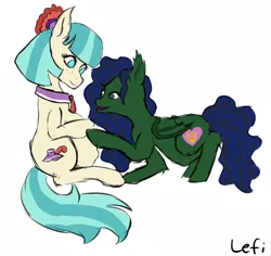 Size: 1027x971 | Tagged: safe, artist:lefi32, derpibooru import, coco pommel, oc, oc:lucky breed, bat pony, earth pony, pony, bowtie, canon x oc, female, folded wings, hoof on belly, image, jpeg, magical lesbian spawn, mare, offspring, pregnant, signature, simple background, smiling, white background, wings