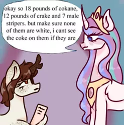 Size: 1080x1093 | Tagged: suggestive, artist:ponybutcher, derpibooru import, princess celestia, oc, alicorn, kirin, pony, clipboard, cocaine, dialogue, drugs, duo, female, frown, image, implied drug use, jewelry, kirin oc, looking at each other, looking at someone, looking down, looking up, male, mare, master chief and luna hanging out, meme, misspelling, png, raised hoof, redraw, speech bubble, stallion, stripper, text