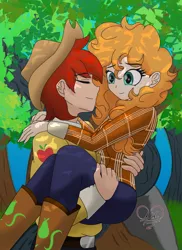 Size: 1549x2122 | Tagged: safe, artist:dibujoschidosdelabad, derpibooru import, bright mac, pear butter, human, boots, bridal carry, brightabetes, brightbutter, carrying, clothes, cute, eyes closed, female, hat, heart eyes, humanized, image, male, pearabetes, plaid shirt, png, shipping, shirt, shoes, straight, tree, wingding eyes