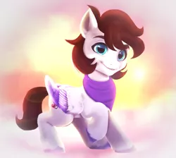 Size: 2195x1965 | Tagged: safe, artist:annaxeptable, artist:saveraedae, derpibooru import, oc, oc:markpony, ponified, unofficial characters only, pegasus, pony, bandana, base used, cloud, eyebrows, folded wings, g5, image, lens flare, male, on a cloud, png, raised hoof, smiling, solo, stallion, standing on a cloud, sunset, the mark side, unshorn fetlocks, wings