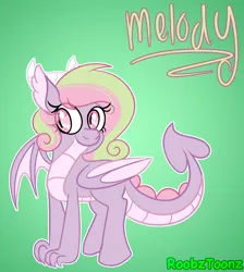 Size: 834x929 | Tagged: safe, artist:cosmicriff, artist:rubyg242, derpibooru import, oc, oc:melody, oc:melody belle, dracony, dragon, hybrid, female, green background, image, interspecies offspring, name, offspring, parent:spike, parent:sweetie belle, parents:spikebelle, png, simple background, solo, watermark