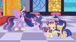 Size: 1024x569 | Tagged: safe, artist:velveagicsentryyt, derpibooru import, princess twilight 2.0, starlight glimmer, twilight sparkle, twilight sparkle (alicorn), oc, oc:sunlay, oc:velvet sentry, alicorn, pony, the last problem, female, filly, foal, image, jpeg, offspring, older, older twilight, parent:flash sentry, parent:starlight glimmer, parent:sunburst, parent:twilight sparkle, parents:flashlight, parents:starburst